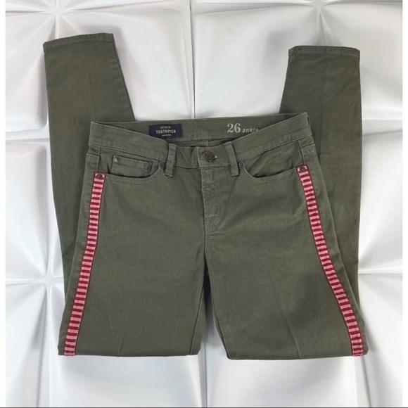 J Crew Women Sz 26 Army Green Red Embroidered Tuxedo Stripe Toothpick Ankle Jean - Picture 8 of 11